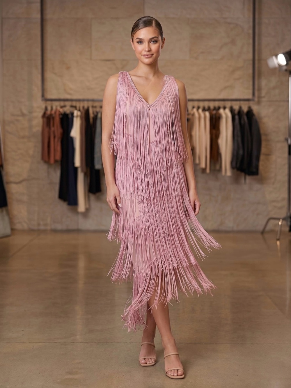 Fringed V-Neck Midi Dress in Dusty Pink